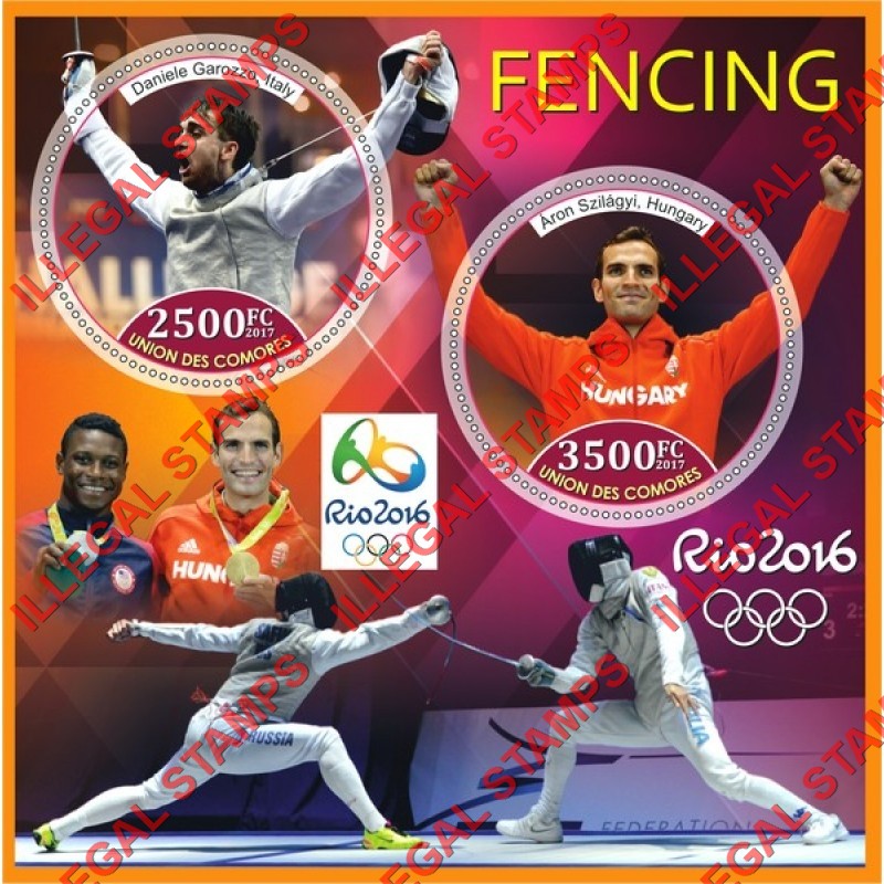 Comoro Islands 2017 Olympic Games in Rio in 2016 Fencing Counterfeit Illegal Stamp Souvenir Sheet of 2 Comoro Islands 2017 Olympic Games in Rio in 2016 Fencing Counterfeit Illegal Stamp Souvenir Sheet of 2