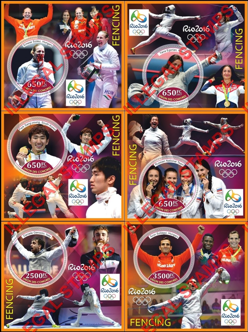 Comoro Islands 2017 Olympic Games in Rio in 2016 Fencing Counterfeit Illegal Stamp Souvenir Sheets of 1 Comoro Islands 2017 Olympic Games in Rio in 2016 Fencing Counterfeit Illegal Stamp Souvenir Sheets of 1