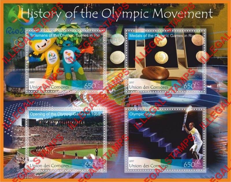Comoro Islands 2017 Olympic Movement Counterfeit Illegal Stamp Souvenir Sheet of 4 Comoro Islands 2017 Olympic Movement Counterfeit Illegal Stamp Souvenir Sheet of 4