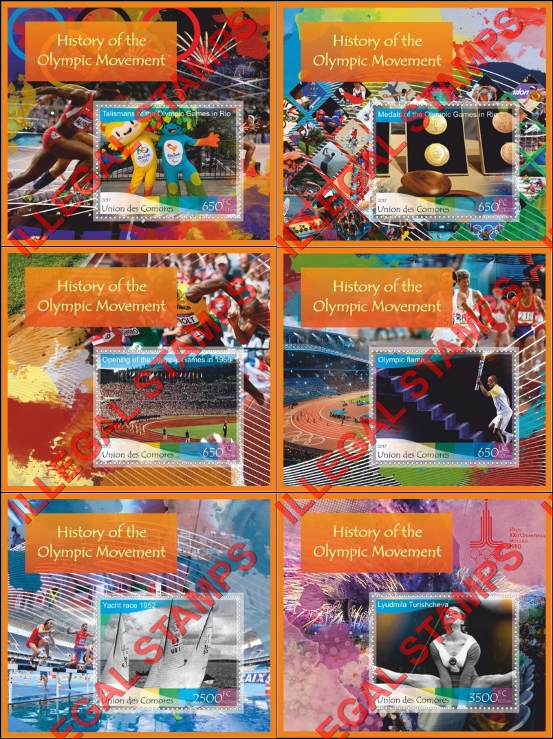 Comoro Islands 2017 Olympic Movement Counterfeit Illegal Stamp Souvenir Sheets of 1 Comoro Islands 2017 Olympic Movement Counterfeit Illegal Stamp Souvenir Sheets of 1