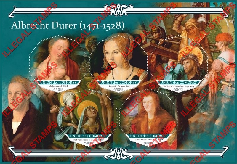 Comoro Islands 2017 Paintings by Albrecht Durer (different) Counterfeit Illegal Stamp Souvenir Sheet of 5 Comoro Islands 2017 Paintings by Albrecht Durer (different) Counterfeit Illegal Stamp Souvenir Sheet of 5