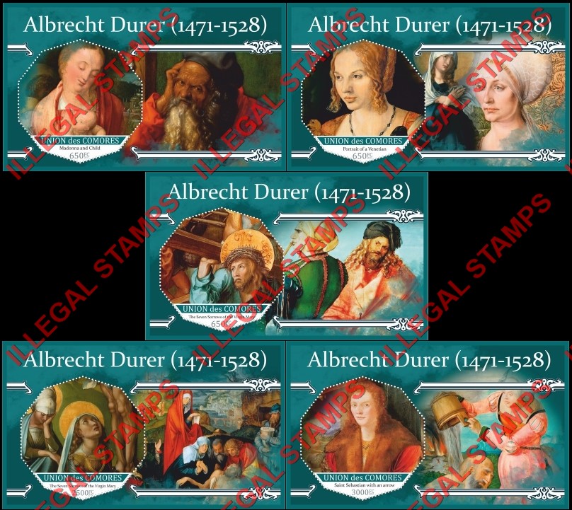 Comoro Islands 2017 Paintings by Albrecht Durer (different) Counterfeit Illegal Stamp Souvenir Sheets of 1 Comoro Islands 2017 Paintings by Albrecht Durer (different) Counterfeit Illegal Stamp Souvenir Sheets of 1
