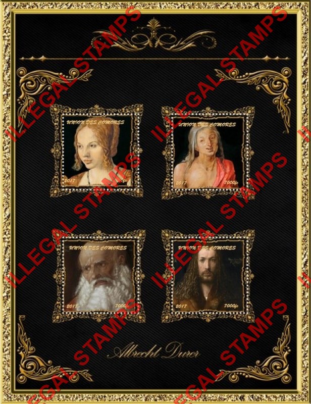 Comoro Islands 2017 Paintings by Albrecht Durer Counterfeit Illegal Stamp Souvenir Sheet of 4 (Sheet 1) Comoro Islands 2017 Paintings by Albrecht Durer Counterfeit Illegal Stamp Souvenir Sheet of 4 (Sheet 1)