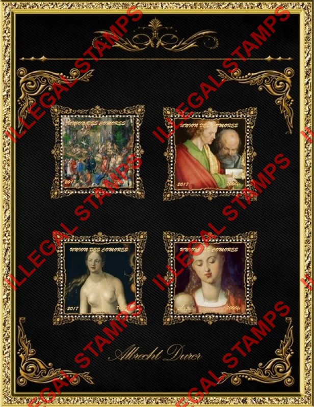 Comoro Islands 2017 Paintings by Albrecht Durer Counterfeit Illegal Stamp Souvenir Sheet of 4 (Sheet 5) Comoro Islands 2017 Paintings by Albrecht Durer Counterfeit Illegal Stamp Souvenir Sheet of 4 (Sheet 5)