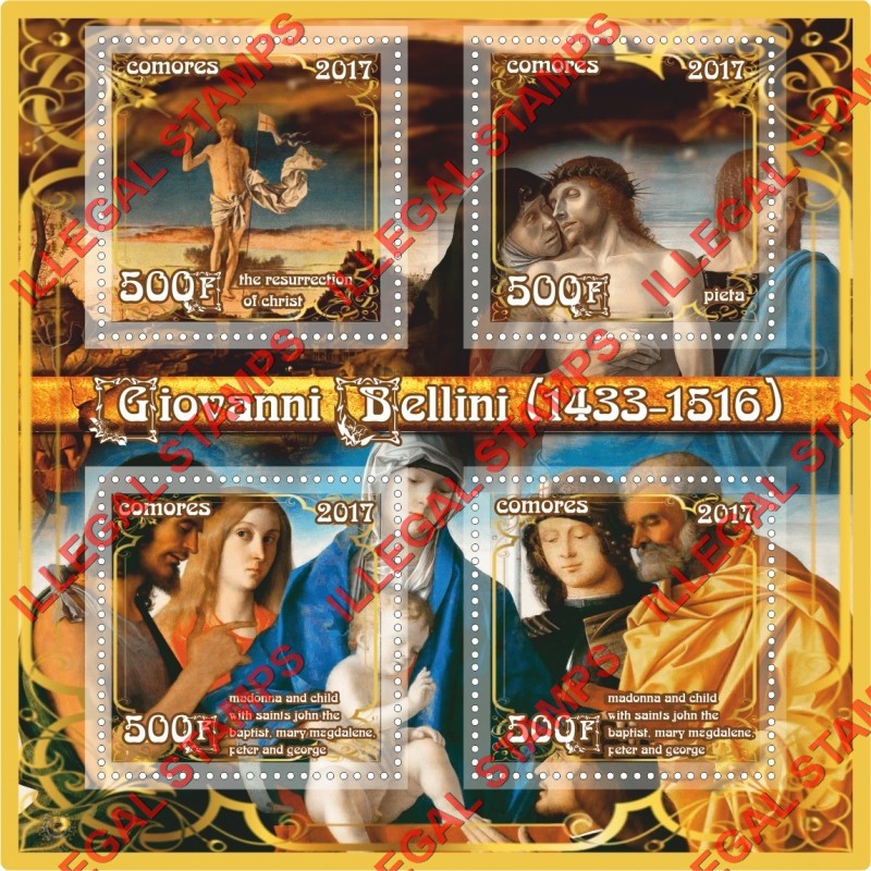 Comoro Islands 2017 Painting by Giovanni Bellini Counterfeit Illegal Stamp Souvenir Sheet of 4 Comoro Islands 2017 Painting by Giovanni Bellini Counterfeit Illegal Stamp Souvenir Sheet of 4