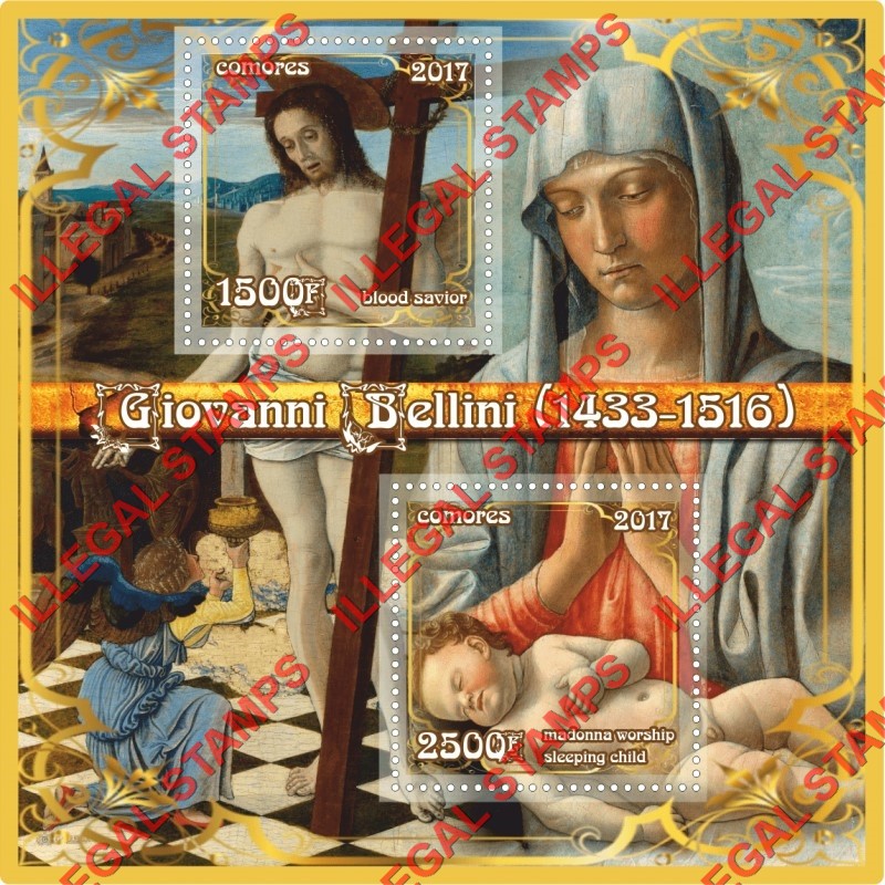 Comoro Islands 2017 Painting by Giovanni Bellini Counterfeit Illegal Stamp Souvenir Sheet of 2 Comoro Islands 2017 Painting by Giovanni Bellini Counterfeit Illegal Stamp Souvenir Sheet of 2