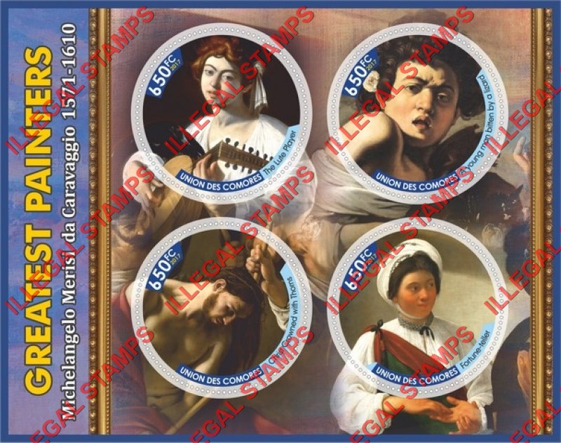 Comoro Islands 2017 Painting by Michelangelo Merisi da Caravaggio Counterfeit Illegal Stamp Souvenir Sheet of 4 Comoro Islands 2017 Painting by Michelangelo Merisi da Caravaggio Counterfeit Illegal Stamp Souvenir Sheet of 4