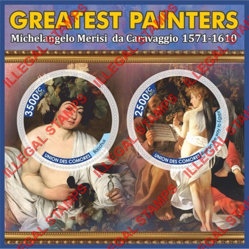 Comoro Islands 2017 Painting by Michelangelo Merisi da Caravaggio Counterfeit Illegal Stamp Souvenir Sheet of 2 Comoro Islands 2017 Painting by Michelangelo Merisi da Caravaggio Counterfeit Illegal Stamp Souvenir Sheet of 2