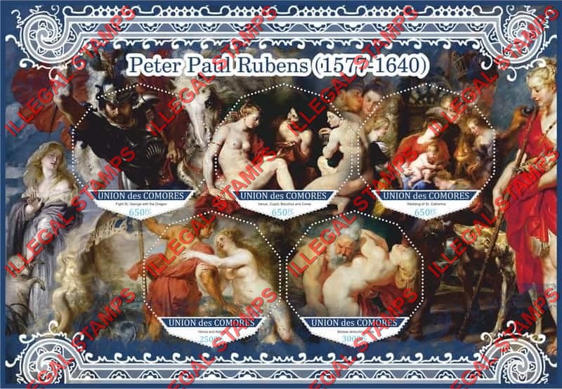 Comoro Islands 2017 Paintings by Peter Paul Rubens (different) Counterfeit Illegal Stamp Souvenir Sheet of 5 Comoro Islands 2017 Paintings by Peter Paul Rubens (different) Counterfeit Illegal Stamp Souvenir Sheet of 5