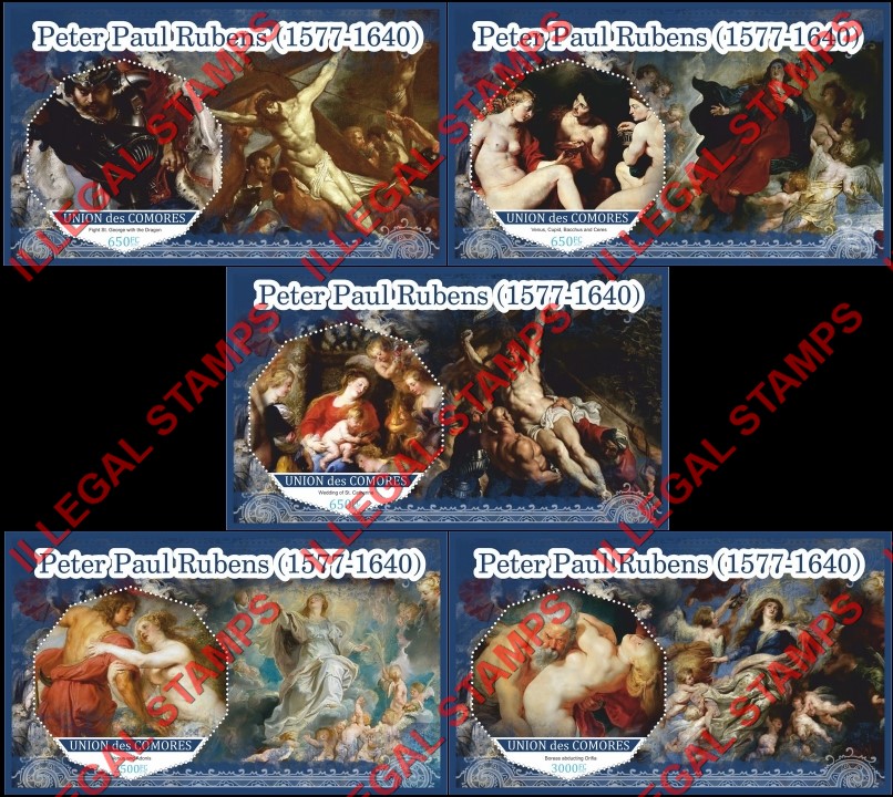 Comoro Islands 2017 Paintings by Peter Paul Rubens (different) Counterfeit Illegal Stamp Souvenir Sheets of 1 Comoro Islands 2017 Paintings by Peter Paul Rubens (different) Counterfeit Illegal Stamp Souvenir Sheets of 1