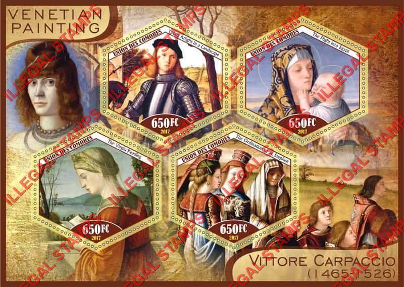 Comoro Islands 2017 Painting by Vittore Carpaccio Counterfeit Illegal Stamp Souvenir Sheet of 4 Comoro Islands 2017 Painting by Vittore Carpaccio Counterfeit Illegal Stamp Souvenir Sheet of 4