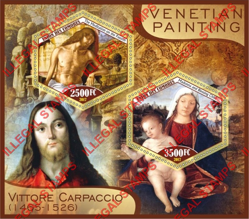Comoro Islands 2017 Painting by Vittore Carpaccio Counterfeit Illegal Stamp Souvenir Sheet of 2 Comoro Islands 2017 Painting by Vittore Carpaccio Counterfeit Illegal Stamp Souvenir Sheet of 2