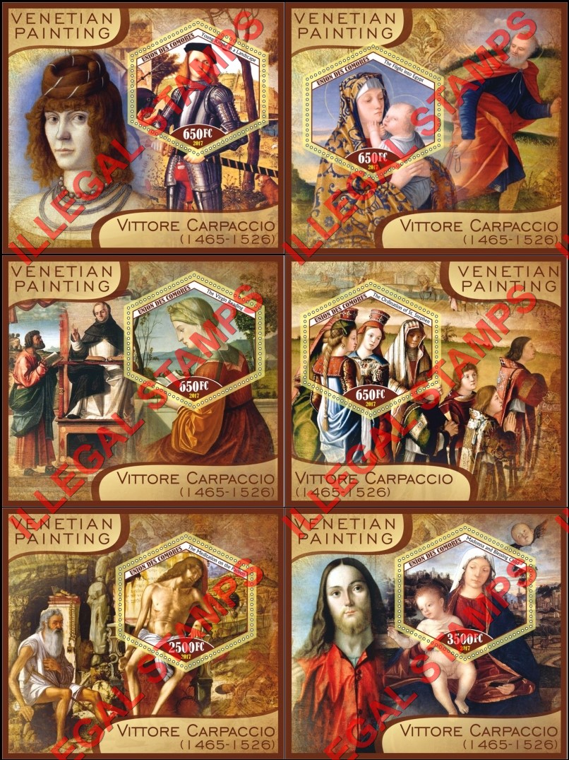 Comoro Islands 2017 Painting by Vittore Carpaccio Counterfeit Illegal Stamp Souvenir Sheets of 1 Comoro Islands 2017 Painting by Vittore Carpaccio Counterfeit Illegal Stamp Souvenir Sheets of 1