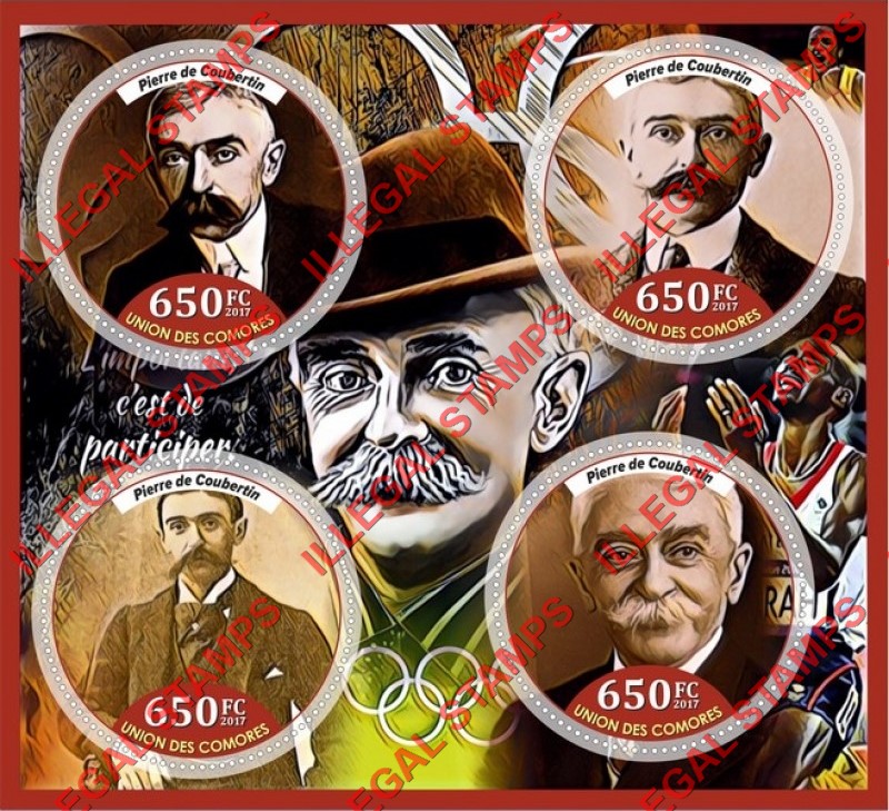 Comoro Islands 2017 Pierre de Coubertin Counterfeit Illegal Stamp Souvenir Sheet of 4 Comoro Islands 2017 Pierre de Coubertin Counterfeit Illegal Stamp Souvenir Sheet of 4