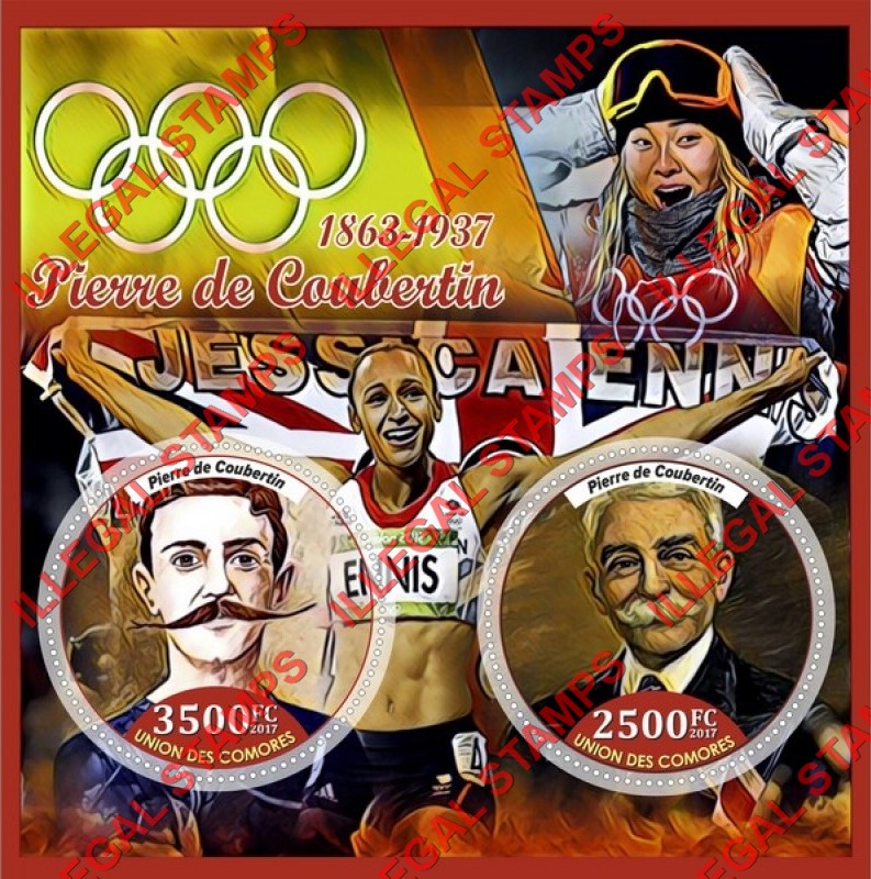 Comoro Islands 2017 Pierre de Coubertin Counterfeit Illegal Stamp Souvenir Sheet of 2 Comoro Islands 2017 Pierre de Coubertin Counterfeit Illegal Stamp Souvenir Sheet of 2