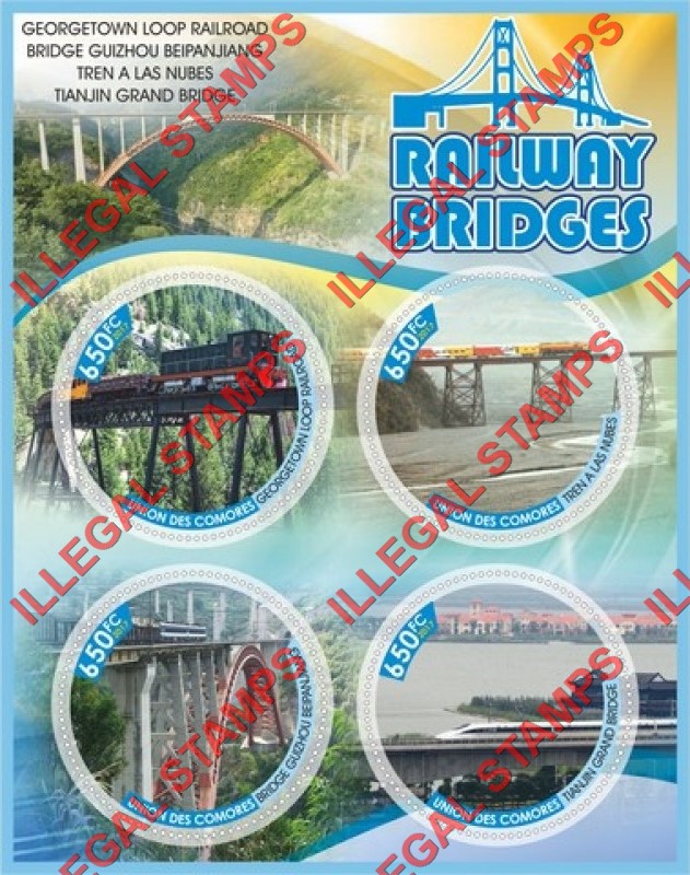 Comoro Islands 2017 Railway Bridges (different a) Counterfeit Illegal Stamp Souvenir Sheet of 4 Comoro Islands 2017 Railway Bridges (different a) Counterfeit Illegal Stamp Souvenir Sheet of 4