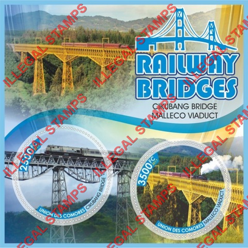 Comoro Islands 2017 Railway Bridges (different a) Counterfeit Illegal Stamp Souvenir Sheet of 2 Comoro Islands 2017 Railway Bridges (different a) Counterfeit Illegal Stamp Souvenir Sheet of 2