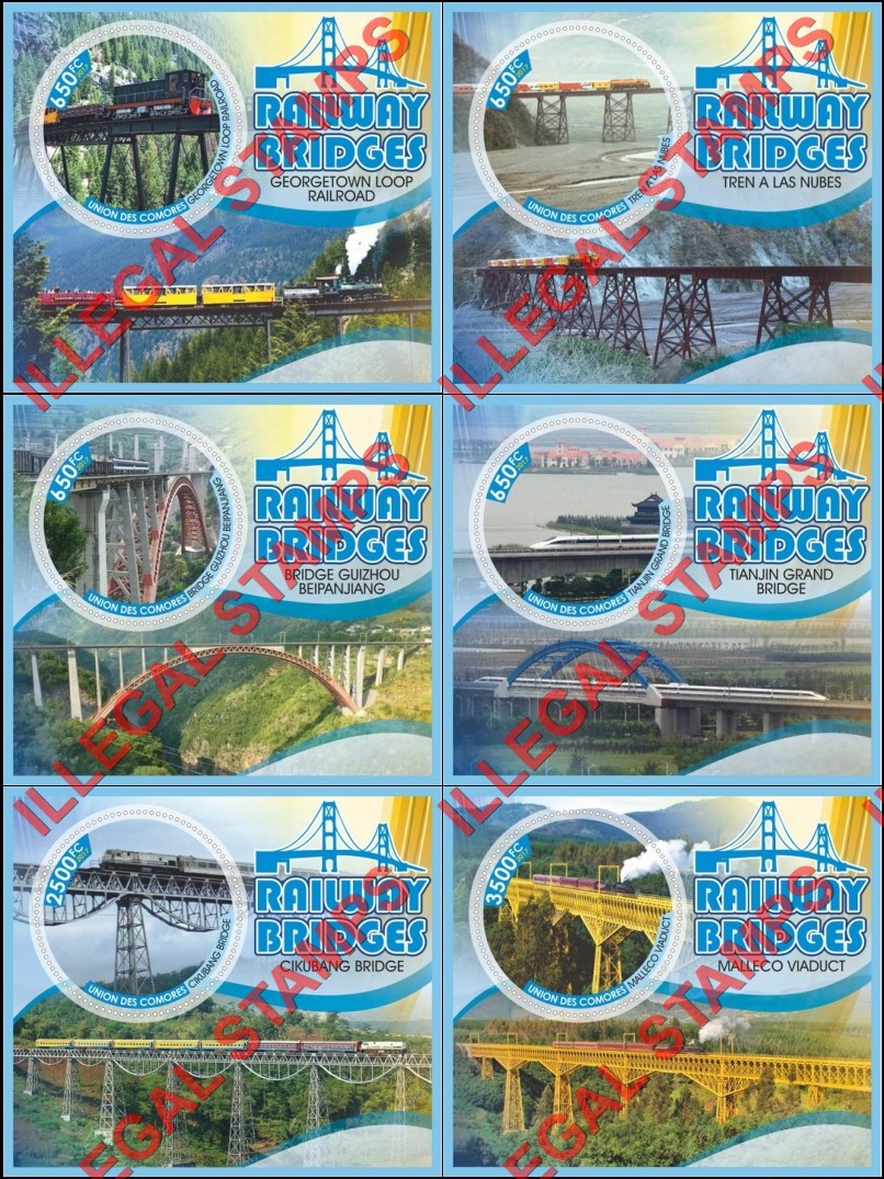 Comoro Islands 2017 Railway Bridges (different a) Counterfeit Illegal Stamp Souvenir Sheets of 1 Comoro Islands 2017 Railway Bridges (different a) Counterfeit Illegal Stamp Souvenir Sheets of 1