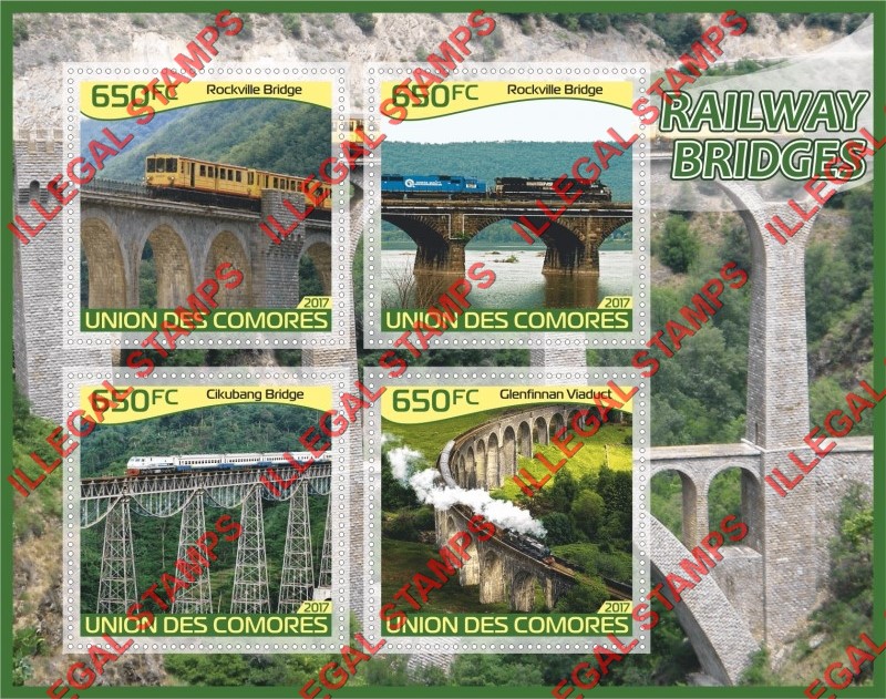 Comoro Islands 2017 Railway Bridges (different) Counterfeit Illegal Stamp Souvenir Sheet of 4 Comoro Islands 2017 Railway Bridges (different) Counterfeit Illegal Stamp Souvenir Sheet of 4