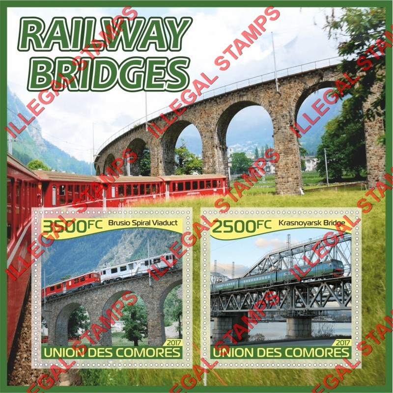 Comoro Islands 2017 Railway Bridges (different) Counterfeit Illegal Stamp Souvenir Sheet of 2 Comoro Islands 2017 Railway Bridges (different) Counterfeit Illegal Stamp Souvenir Sheet of 2