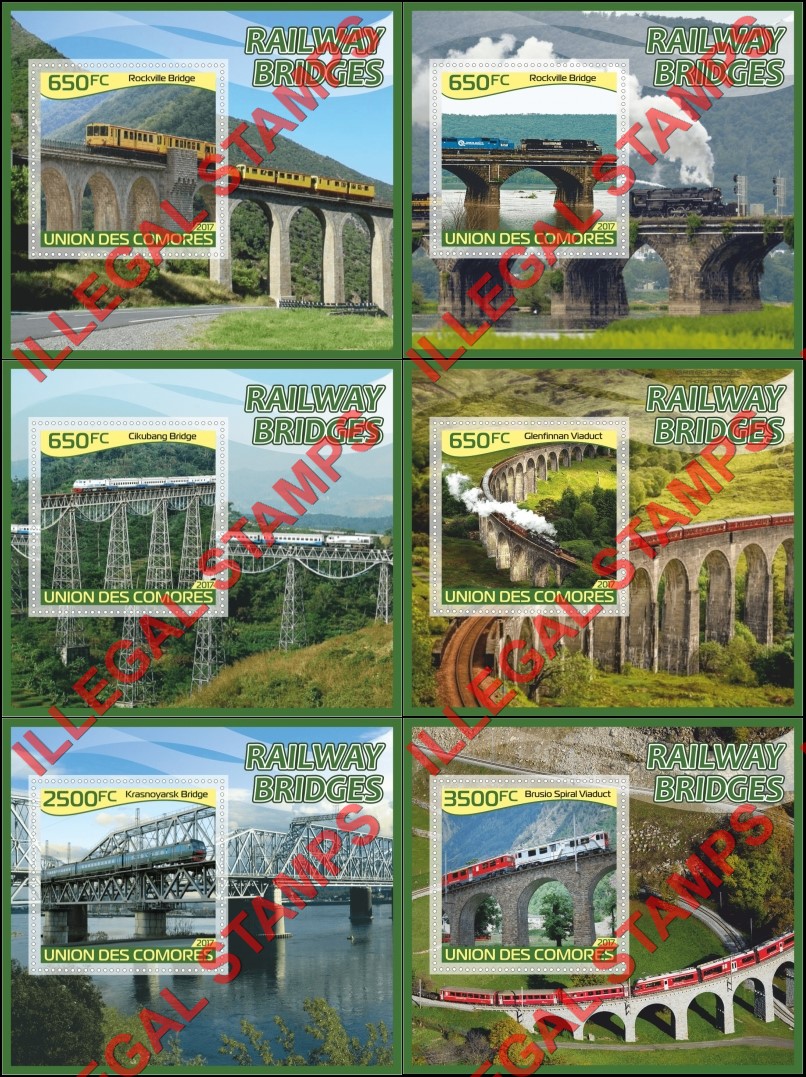 Comoro Islands 2017 Railway Bridges (different) Counterfeit Illegal Stamp Souvenir Sheets of 1 Comoro Islands 2017 Railway Bridges (different) Counterfeit Illegal Stamp Souvenir Sheets of 1