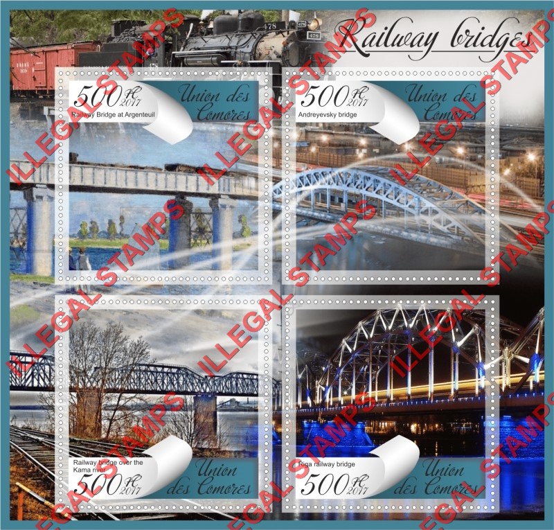 Comoro Islands 2017 Railway Bridges Counterfeit Illegal Stamp Souvenir Sheet of 4 Comoro Islands 2017 Railway Bridges Counterfeit Illegal Stamp Souvenir Sheet of 4
