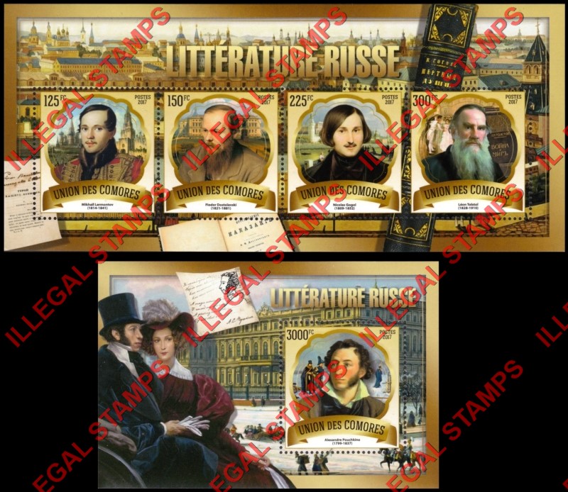 Comoro Islands 2017 Russian Literature Counterfeit Illegal Stamp Souvenir Sheets of 4 and 1 Comoro Islands 2017 Russian Literature Counterfeit Illegal Stamp Souvenir Sheets of 4 and 1
