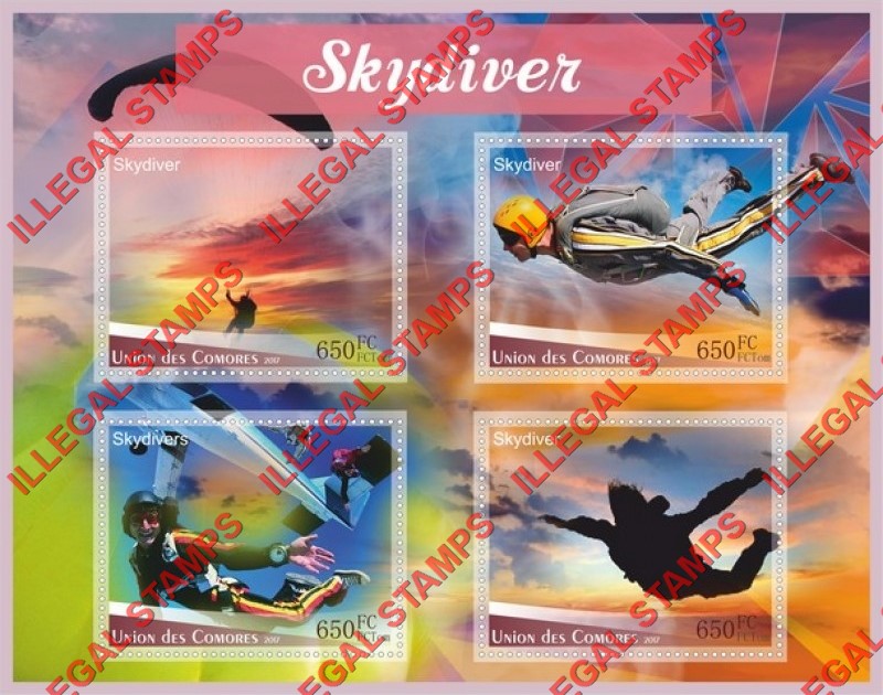 Comoro Islands 2017 Skydivers Counterfeit Illegal Stamp Souvenir Sheet of 4 Comoro Islands 2017 Skydivers Counterfeit Illegal Stamp Souvenir Sheet of 4
