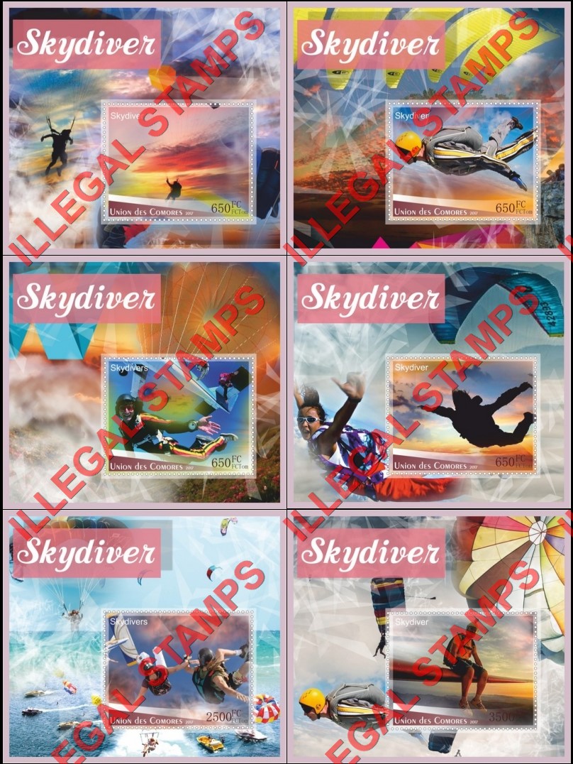 Comoro Islands 2017 Skydivers Counterfeit Illegal Stamp Souvenir Sheets of 1 Comoro Islands 2017 Skydivers Counterfeit Illegal Stamp Souvenir Sheets of 1