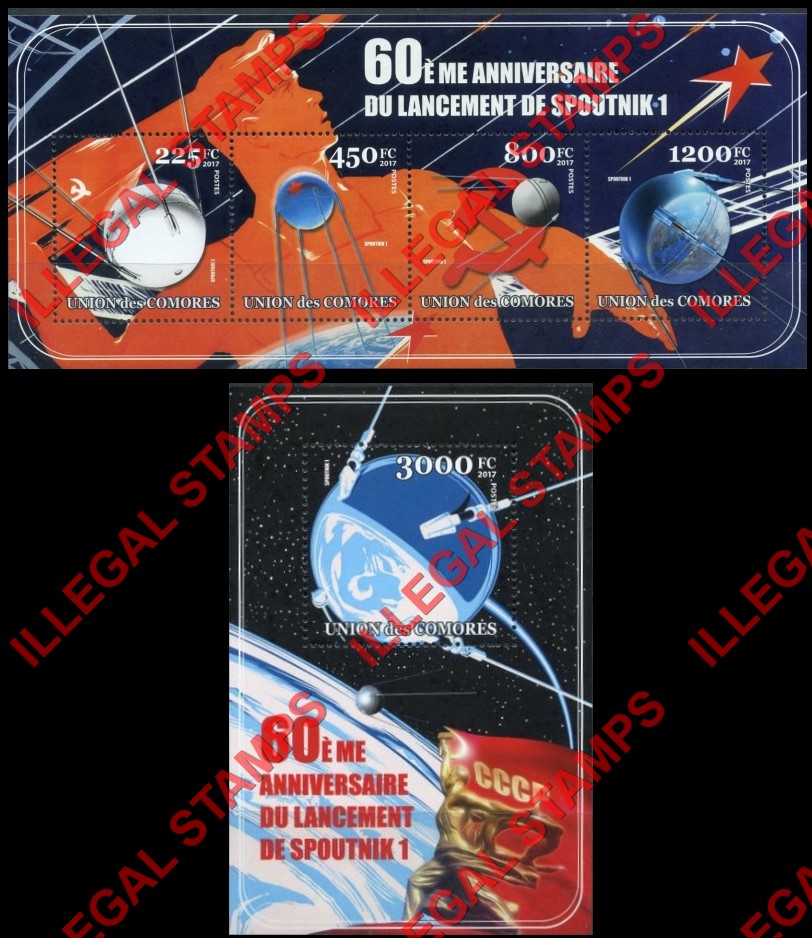Comoro Islands 2017 Space Spoutnik-1 Counterfeit Illegal Stamp Souvenir Sheets of 4 and 1 Comoro Islands 2017 Space Spoutnik-1 Counterfeit Illegal Stamp Souvenir Sheets of 4 and 1