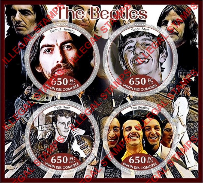 Comoro Islands 2017 The Beatles (different) Counterfeit Illegal Stamp Souvenir Sheet of 4 Comoro Islands 2017 The Beatles (different) Counterfeit Illegal Stamp Souvenir Sheet of 4