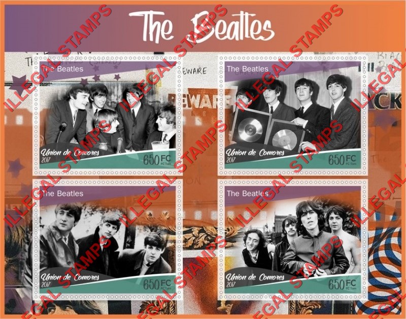 Comoro Islands 2017 The Beatles Counterfeit Illegal Stamp Souvenir Sheet of 4 Comoro Islands 2017 The Beatles Counterfeit Illegal Stamp Souvenir Sheet of 4