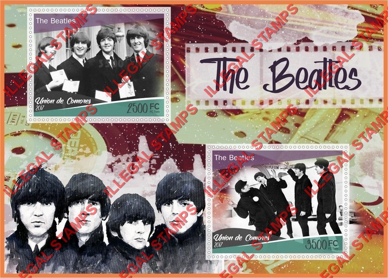 Comoro Islands 2017 The Beatles Counterfeit Illegal Stamp Souvenir Sheet of 2 Comoro Islands 2017 The Beatles Counterfeit Illegal Stamp Souvenir Sheet of 2