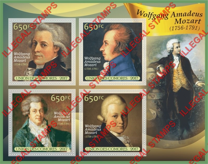 Comoro Islands 2017 Wolfgang Amadeus Mozart Composer Counterfeit Illegal Stamp Souvenir Sheet of 4 Comoro Islands 2017 Wolfgang Amadeus Mozart Composer Counterfeit Illegal Stamp Souvenir Sheet of 4