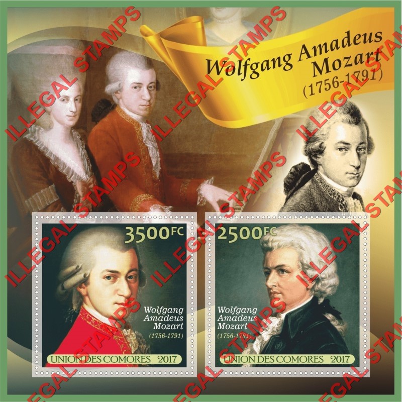 Comoro Islands 2017 Wolfgang Amadeus Mozart Composer Counterfeit Illegal Stamp Souvenir Sheet of 2 Comoro Islands 2017 Wolfgang Amadeus Mozart Composer Counterfeit Illegal Stamp Souvenir Sheet of 2
