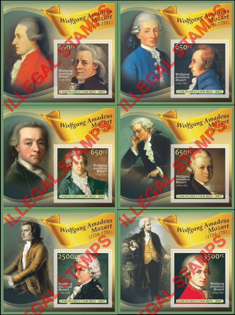 Comoro Islands 2017 Wolfgang Amadeus Mozart Composer Counterfeit Illegal Stamp Souvenir Sheets of 1 Comoro Islands 2017 Wolfgang Amadeus Mozart Composer Counterfeit Illegal Stamp Souvenir Sheets of 1