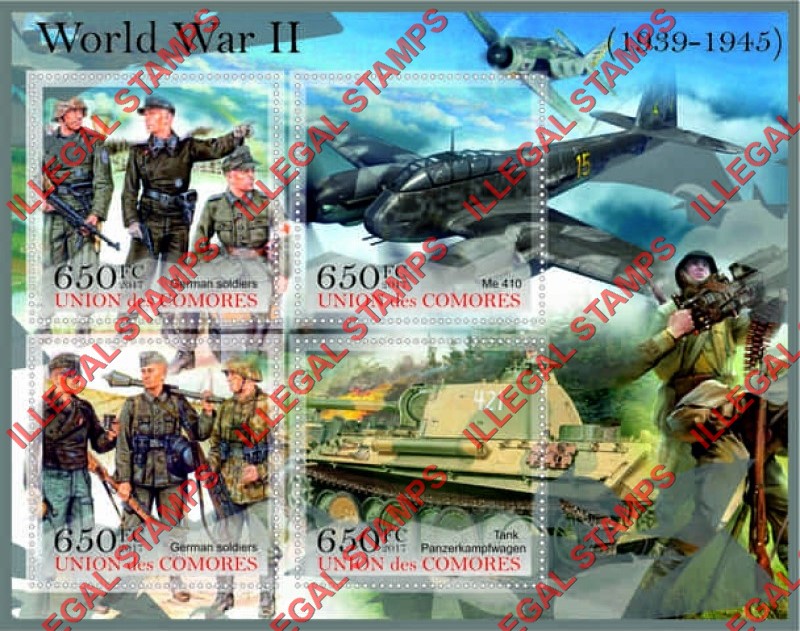 Comoro Islands 2017 World War II Counterfeit Illegal Stamp Souvenir Sheet of 4 Comoro Islands 2017 World War II Counterfeit Illegal Stamp Souvenir Sheet of 4
