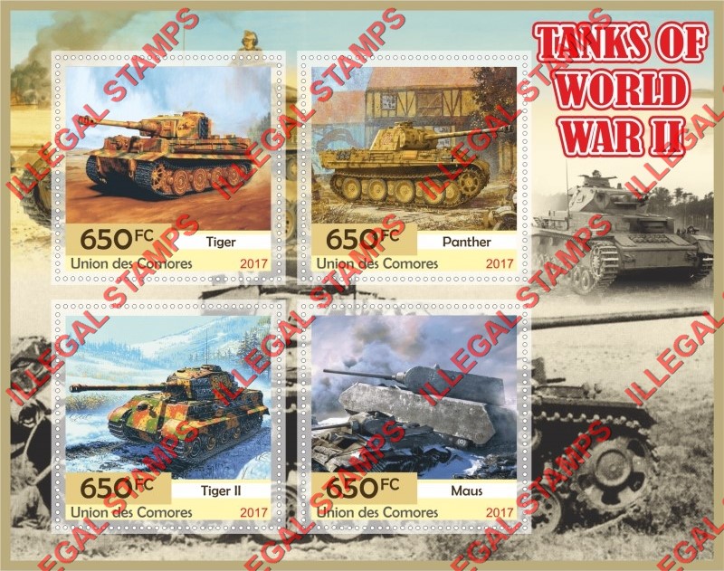 Comoro Islands 2017 World War II Tanks Counterfeit Illegal Stamp Souvenir Sheet of 4 Comoro Islands 2017 World War II Tanks Counterfeit Illegal Stamp Souvenir Sheet of 4