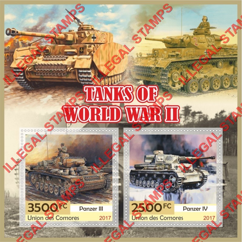 Comoro Islands 2017 World War II Tanks Counterfeit Illegal Stamp Souvenir Sheet of 2 Comoro Islands 2017 World War II Tanks Counterfeit Illegal Stamp Souvenir Sheet of 2