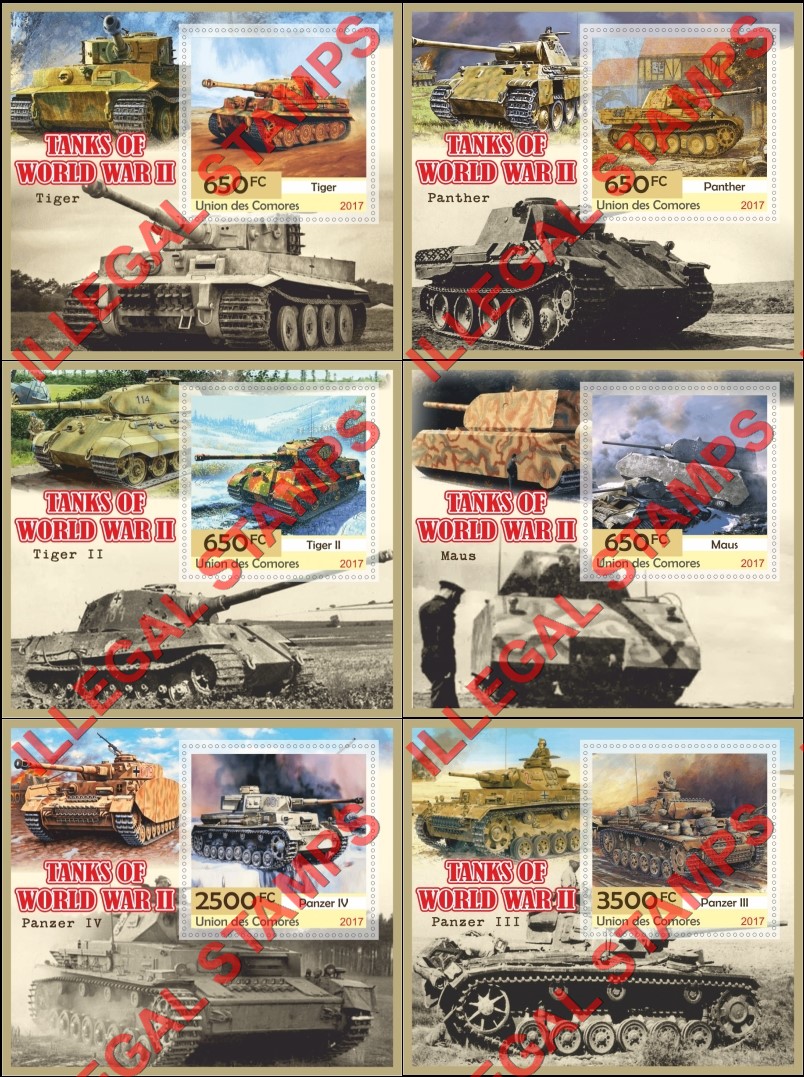 Comoro Islands 2017 World War II Tanks Counterfeit Illegal Stamp Souvenir Sheets of 1 Comoro Islands 2017 World War II Tanks Counterfeit Illegal Stamp Souvenir Sheets of 1