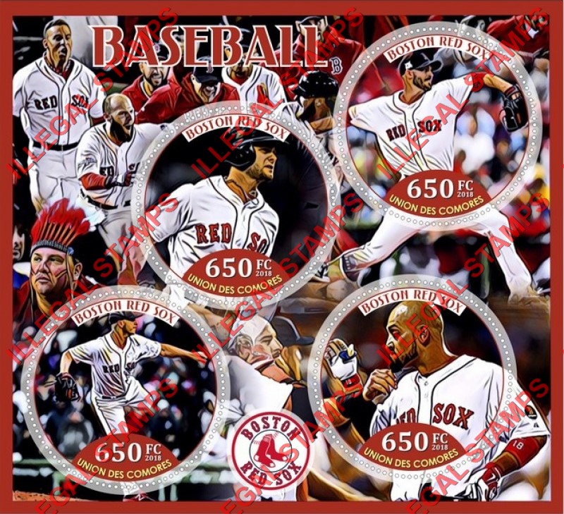 Comoro Islands 2018 Baseball Boston Red Sox Counterfeit Illegal Stamp Souvenir Sheet of 4 Comoro Islands 2018 Baseball Boston Red Sox Counterfeit Illegal Stamp Souvenir Sheet of 4