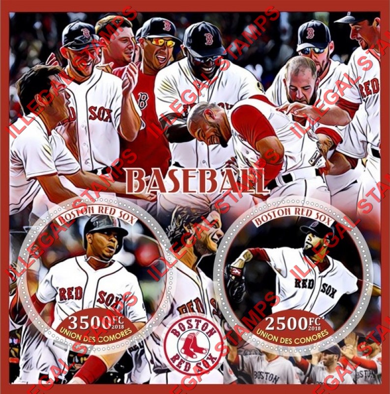 Comoro Islands 2018 Baseball Boston Red Sox Counterfeit Illegal Stamp Souvenir Sheet of 2 Comoro Islands 2018 Baseball Boston Red Sox Counterfeit Illegal Stamp Souvenir Sheet of 2
