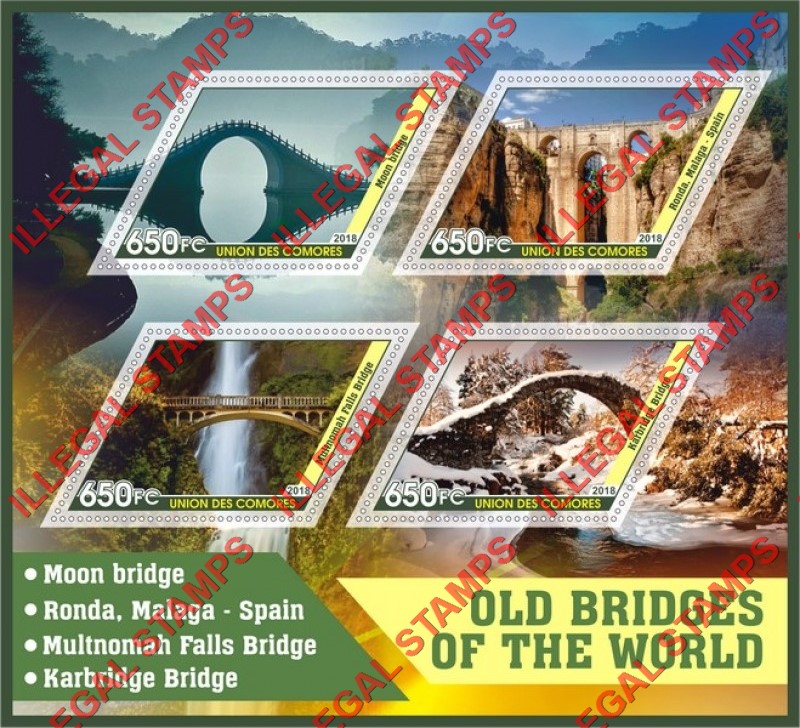 Comoro Islands 2018 Bridges (different) Counterfeit Illegal Stamp Souvenir Sheet of 4 Comoro Islands 2018 Bridges (different) Counterfeit Illegal Stamp Souvenir Sheet of 4