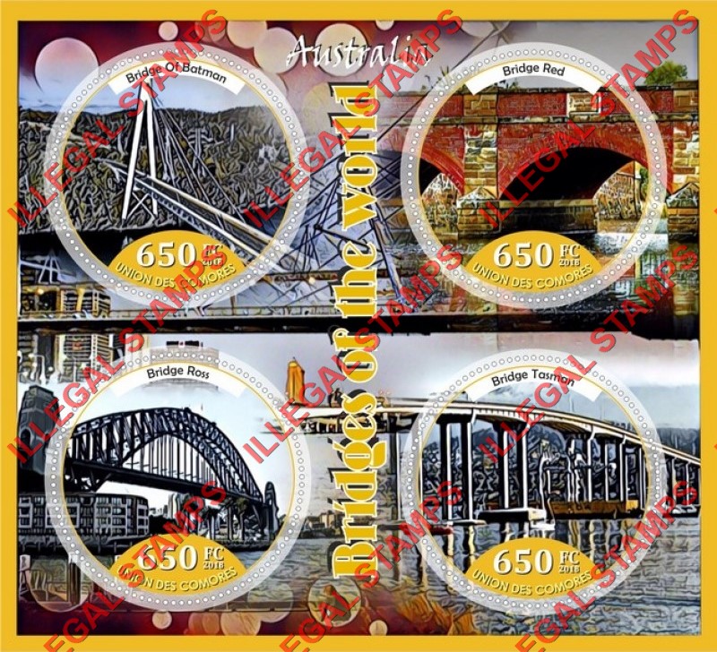 Comoro Islands 2018 Bridges Counterfeit Illegal Stamp Souvenir Sheet of 4 Comoro Islands 2018 Bridges Counterfeit Illegal Stamp Souvenir Sheet of 4