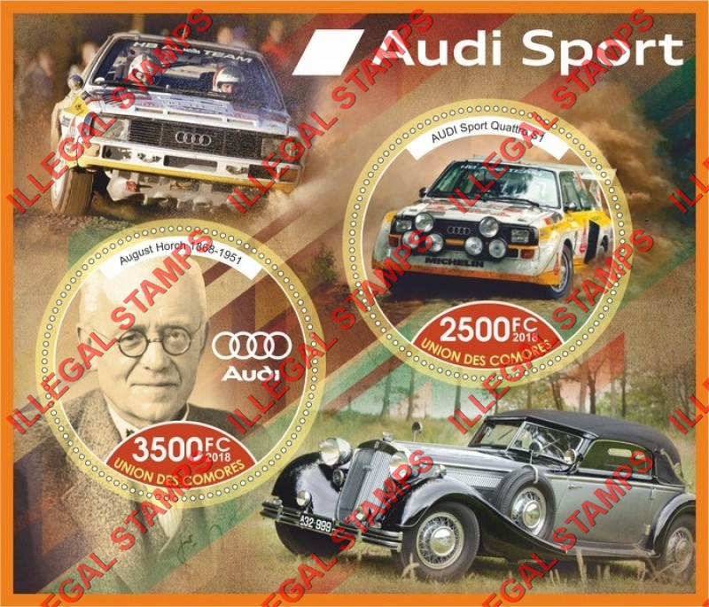 Comoro Islands 2018 Cars Audi Sport Counterfeit Illegal Stamp Souvenir Sheet of 2 Comoro Islands 2018 Cars Audi Sport Counterfeit Illegal Stamp Souvenir Sheet of 2