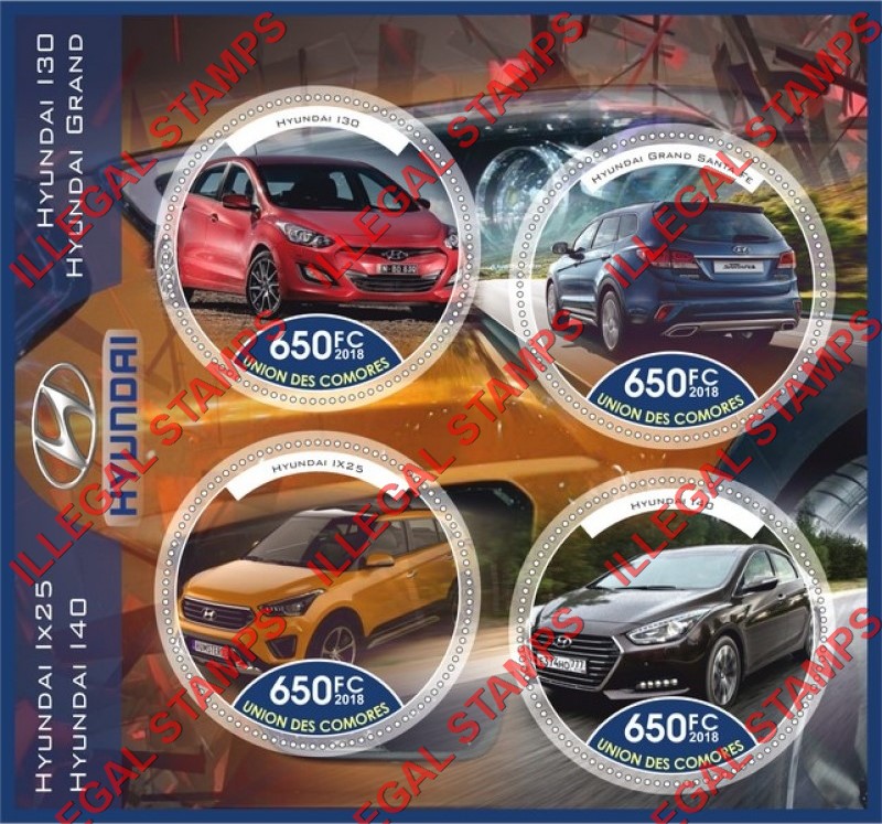 Comoro Islands 2018 Cars Hyundai Counterfeit Illegal Stamp Souvenir Sheet of 4 Comoro Islands 2018 Cars Hyundai Counterfeit Illegal Stamp Souvenir Sheet of 4