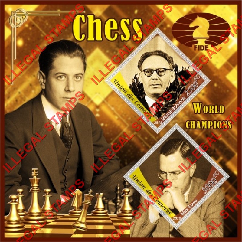 Comoro Islands 2018 Chess Champions Counterfeit Illegal Stamp Souvenir Sheet of 2 Comoro Islands 2018 Chess Champions Counterfeit Illegal Stamp Souvenir Sheet of 2