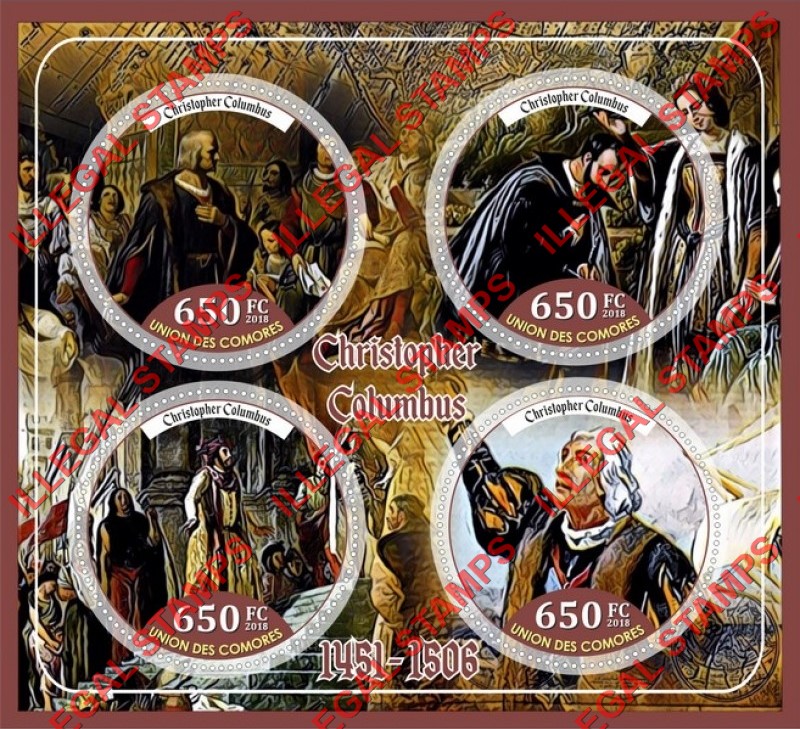 Comoro Islands 2018 Christopher Columbus Counterfeit Illegal Stamp Souvenir Sheet of 4 Comoro Islands 2018 Christopher Columbus Counterfeit Illegal Stamp Souvenir Sheet of 4