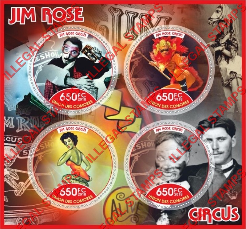 Comoro Islands 2018 Circus Jim Rose Counterfeit Illegal Stamp Souvenir Sheet of 4 Comoro Islands 2018 Circus Jim Rose Counterfeit Illegal Stamp Souvenir Sheet of 4