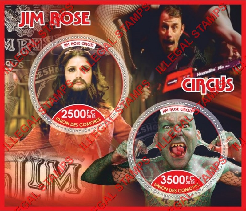 Comoro Islands 2018 Circus Jim Rose Counterfeit Illegal Stamp Souvenir Sheet of 2 Comoro Islands 2018 Circus Jim Rose Counterfeit Illegal Stamp Souvenir Sheet of 2